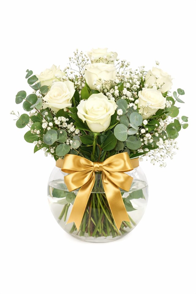 Saf Işık – Gold Kurdeleli Beyaz Gül Tasarımı