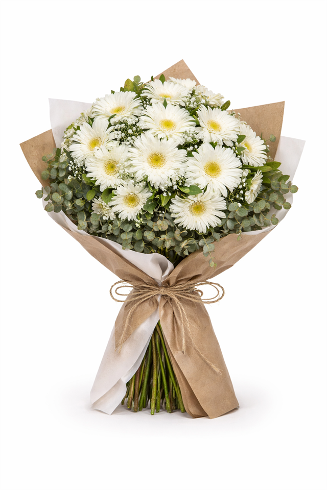 Saflık Dokunuşu – Kraft Kağıtta Beyaz Gerbera Buketi