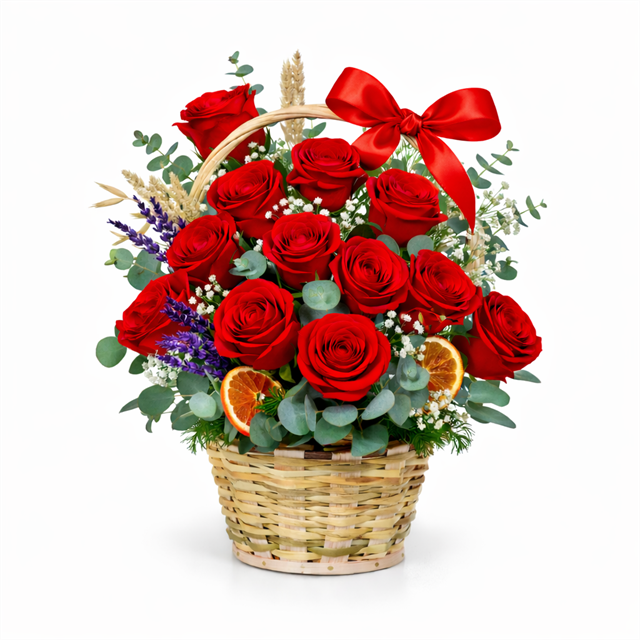 Tutkunun Zarafeti – Hasır Sepette 12 Kırmızı Gül Aranjmanı