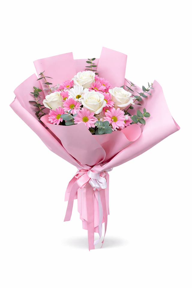Zarif Neşe – Beyaz Gül & Pembe Papatya Buketi